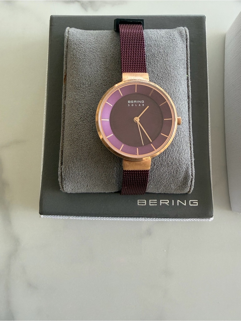 BERING Women's Solar Plum Dial Rose Gold Case Mesh Strap Watch